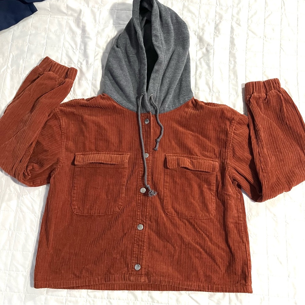 Forever 21 Cropped Boxy Brown Hooded Jacket Corduroy Snap Button Womens Sz M
